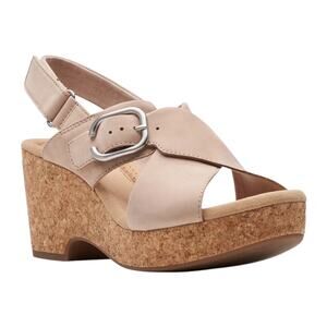 Clarks Women's Giselle Dove Nubuck Leather Wedge Cork Heel Sandals Beige Size 9